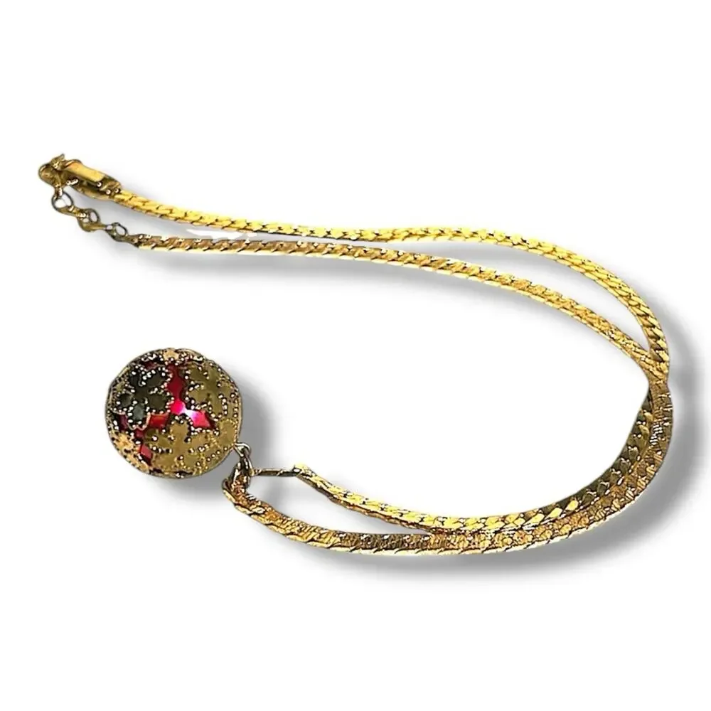 Vintage Red & Gold Tone Sphere Necklace